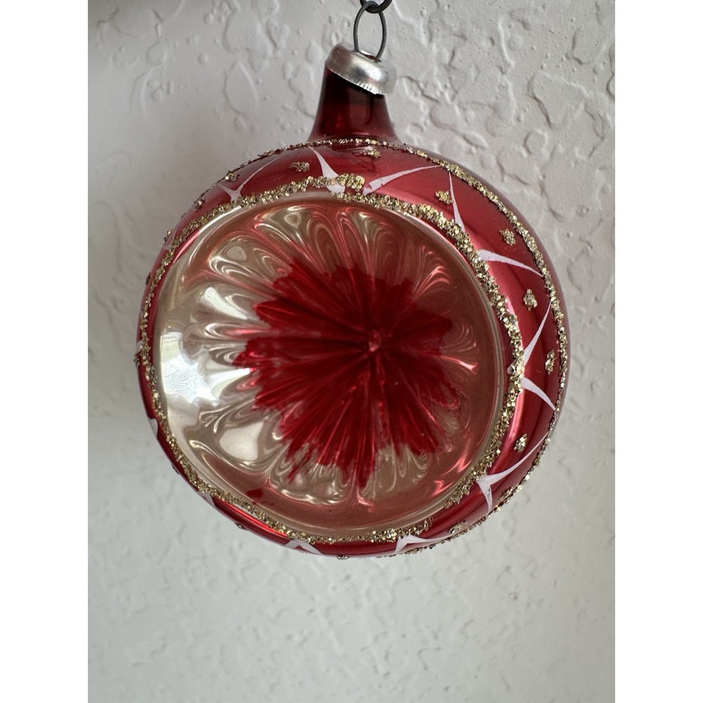 Vintage Colombia Glass Christmas Ornament Red Indent Hand Painted Glitter Ball